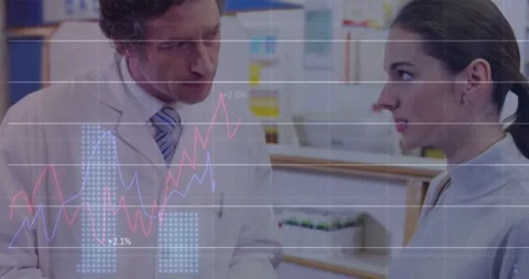 Animation of financial data processing over caucasian male pharmacist and female Stock Footage 329710704