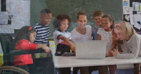 Animation of financial data processing over diverse schoolchildren in class Stock Footage 329766405