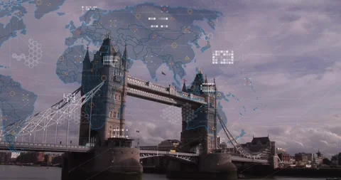 Animation of financial data processing over world map and london cityscape Stock Footage 329771499