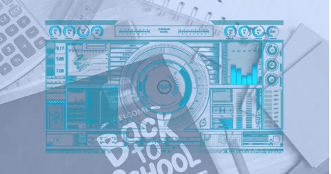 Animation of financial data processing over school text and items Stock Footage 329781713