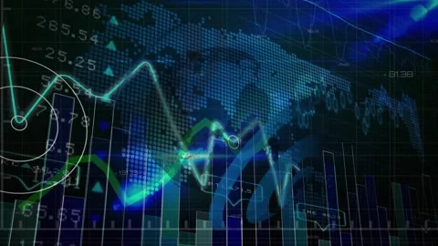 Animation of financial data processing over world map and globe on black Stock Footage 329849687