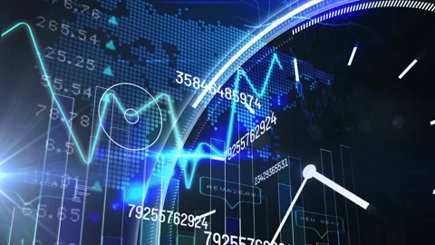Animation of financial data processing over clock and world map Stock Footage 329853460