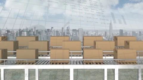 Animation of financial data processing over boxes on conveyor belts and Stock Footage 329853555