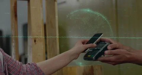 Animation of financial data processing over people using smartphone and payment Stock Footage 329858385