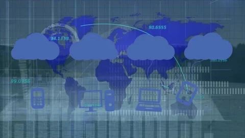 Animation of financial data processing over world map and man in shield Stock Footage 329863675