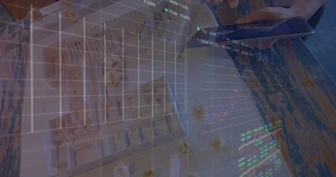 Animation of financial data processing over architect working Stock Footage 329863895