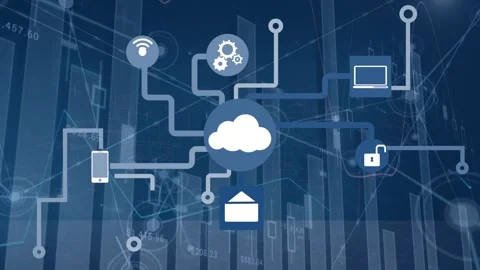 Animation of financial data processing over network of connections with cloud Stock Footage 329972095