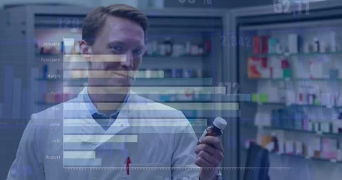 Animation of financial data processing over caucasian male pharmacist Stock Footage 329979037