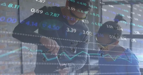 Animation of financial data processing over man and apprentice working in 스톡 동영상 329988202