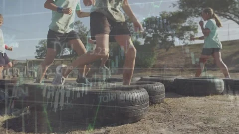 Animation of financial data processing over diverse children exercising 動画素材 330052347