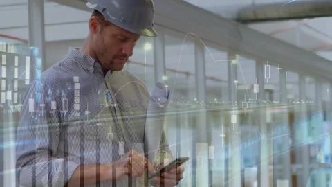 Animation of financial data processing over caucasian male architect Stock Footage 330054797