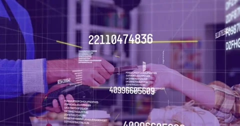 Animation of financial data processing over people using payment terminal Stock Footage 330057839