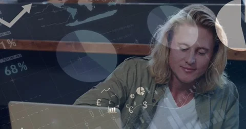 Animation of financial data processing over caucasian man using laptop in coffee Stock Footage 330108747