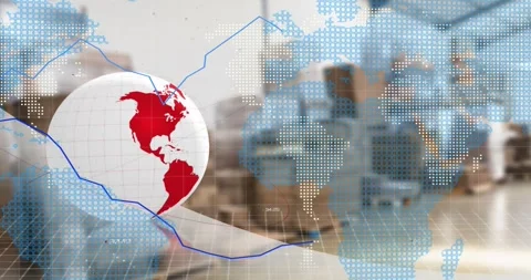 Animation of financial data processing over globe, world map and warehouse Stock Footage 330114583