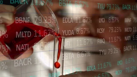 Animation of financial data processing over liquid pouring into lab glass Stock Footage 330171048