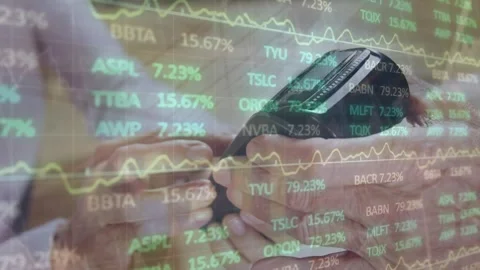 Animation of financial data processing over caucasian woman paying at payment Stock Footage 330171306