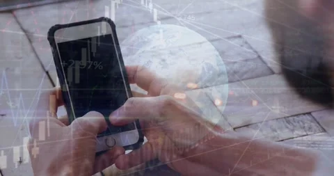 Animation of financial data processing over people using smartphone and payment Stock Footage 330175063