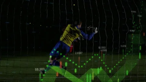 Animation of financial data processing over diverse football players Stock Footage 330248510