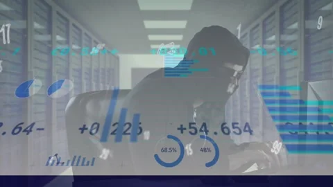 Animation of financial data processing over hacker using computer Stock Footage 330287433