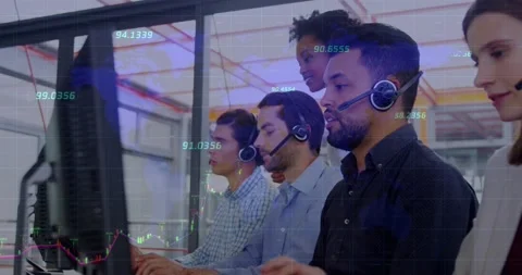 Animation of financial data processing over diverse customer care executives Stock Footage 330291162