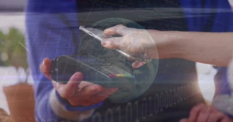 Animation of financial data processing over people using smartphone and payment 動画素材 330294767