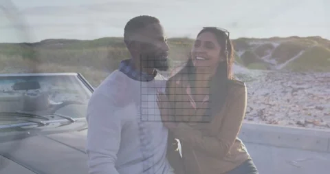 Animation of financial data processing over diverse couple by a car Stock Footage 330294958