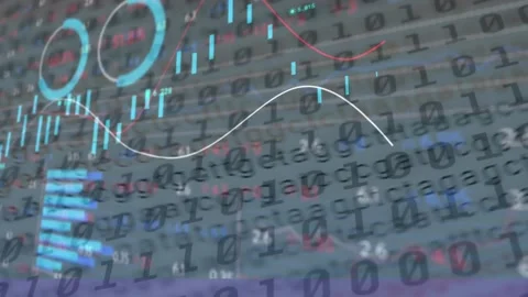 Animation of financial data processing over binary coding Stock Footage 330334774