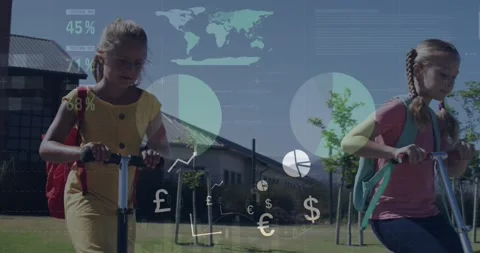 Animation of financial data processing over diverse school children Stock Footage 330342144