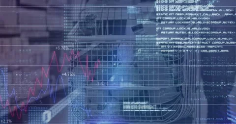 Animation of financial data processing over shopping trolley in shop Stockbeeldmateriaal 330406813