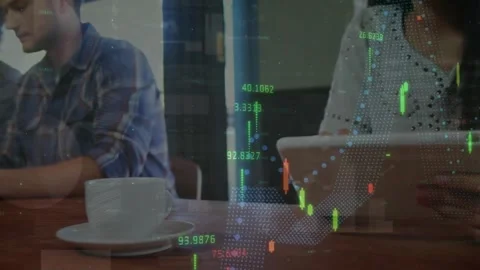 Animation of financial data processing over diverse people using tablets Stock Footage 330407731