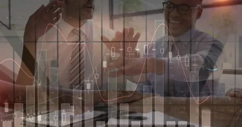 Animation of financial data processing over business people stacking hands in Stock Footage 330468405