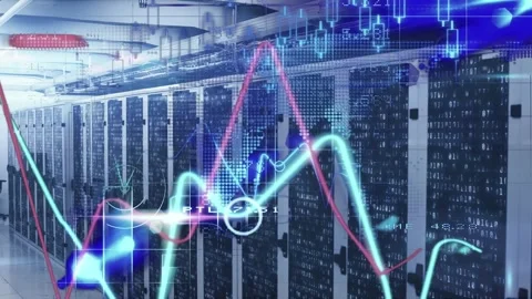 Animation of financial data processing over empty computer server room Stock Footage 330468862