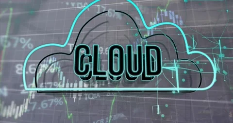 Animation of financial data processing over digital cloud with cloud text Stock Footage 330469596
