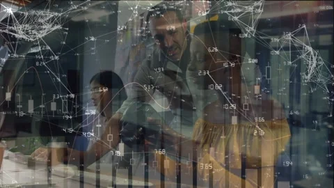 Animation of financial data processing over diverse business people using Stock Footage 330473868