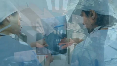 Animation of financial data processing over diverse surgeons Stock Footage 330584032