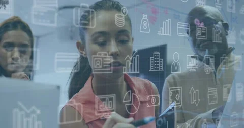 Animation of financial data processing over business people using phone headsets Stock Footage 330591199