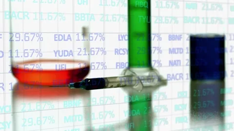 Animation of financial data processing over syringe with reagent falling over Stock Footage 330592993