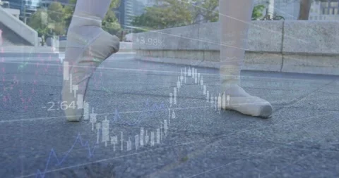 Animation of financial data processing over ballet dancer on street Stock Footage 330658142