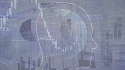 Animation of financial data processing over human head, globe and grid Stock Footage 330659097