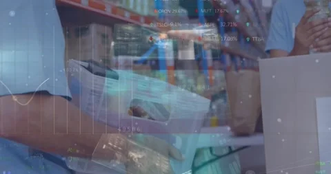 Animation of financial data processing over globe and stock market Stock Footage 330659226