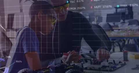 Animation of financial data processing over man and apprentice working in 스톡 동영상 330659557