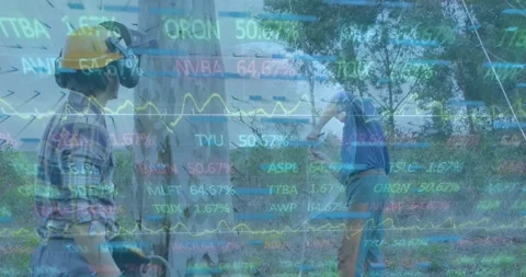 Animation of financial data processing over caucasian workers cutting tree Stock Footage 330659587
