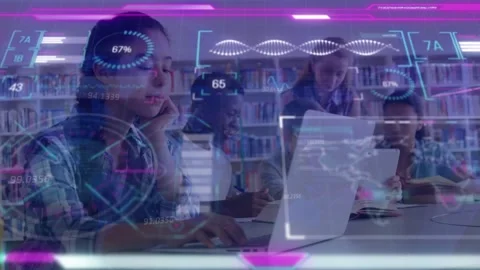 Animation of financial data processing over diverse business people using laptop Stock Footage 330728408
