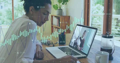 Animation of financial data processing over diverse business people on video Video stock 330732784