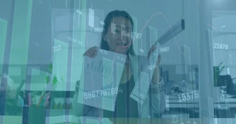 Animation of financial data processing over asian businesswoman on video call Video stock 330771124