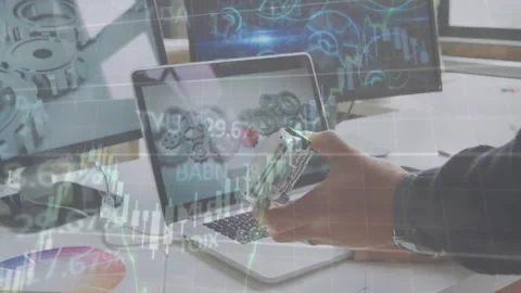 Animation of financial data processing over mid section of engineer holding a Stock Footage 331240145