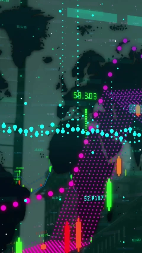 Animation of financial data processing over world map and modern office Stock Footage 331630688