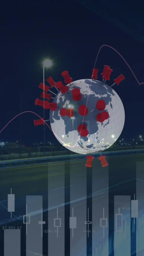 Animation of financial data processing over location pins on globe and cityscape Stock Footage 331643357