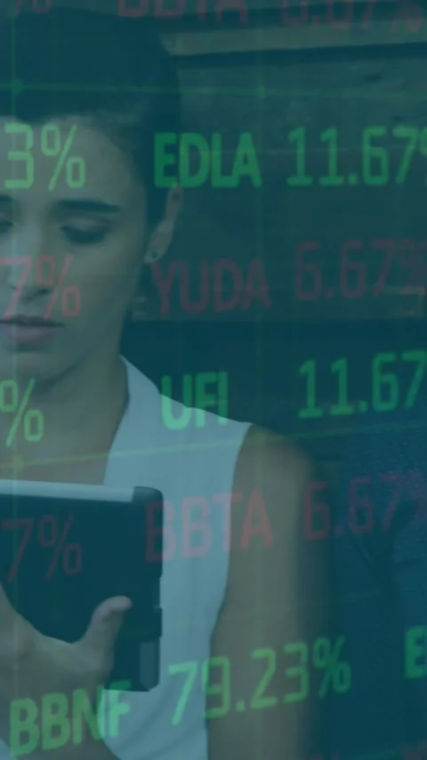 Animation of financial data processing over business people using electronic Stock Footage 331646584