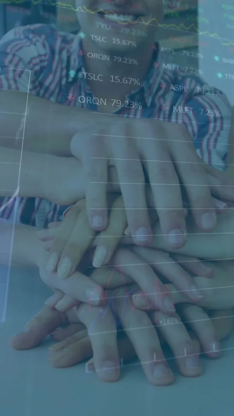 Animation of financial data processing over office colleagues stacking hands Stock Footage 331646587